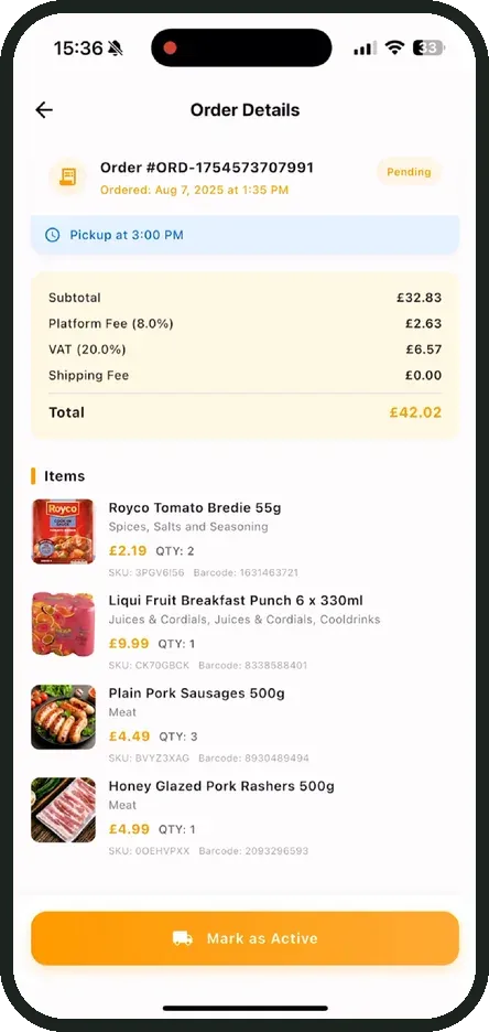 Order details screen listing items and totals