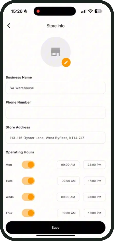 Store info screen with business name, address and opening hours