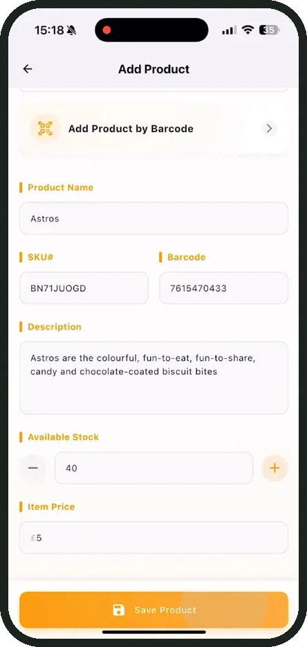 Add product screen with barcode, SKU, description and stock