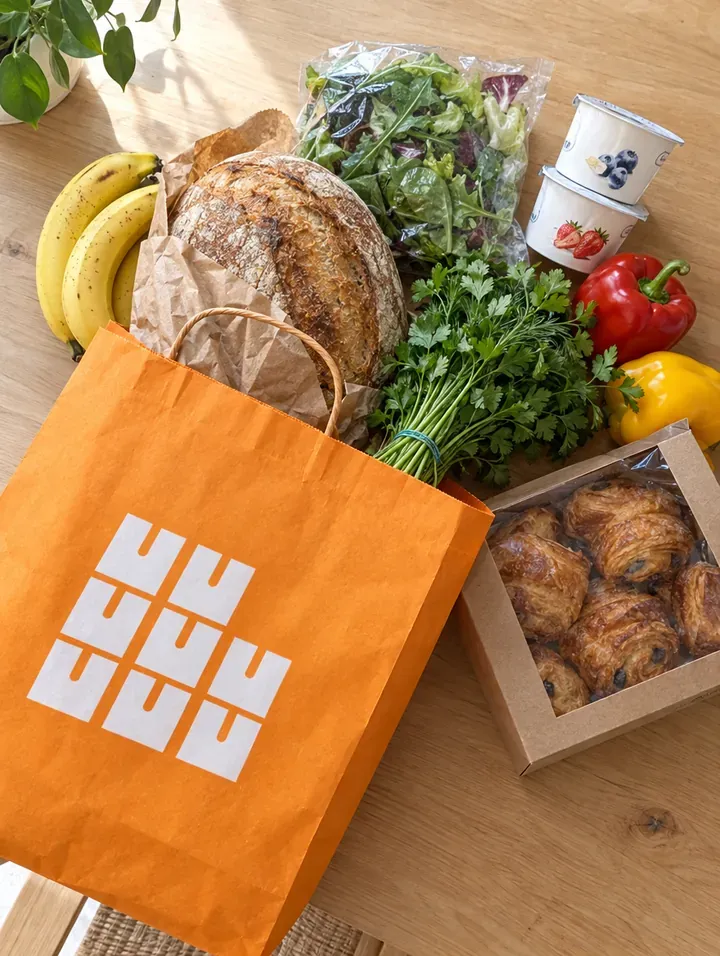 Friday bag: bread, fruit, salad and a pastry box