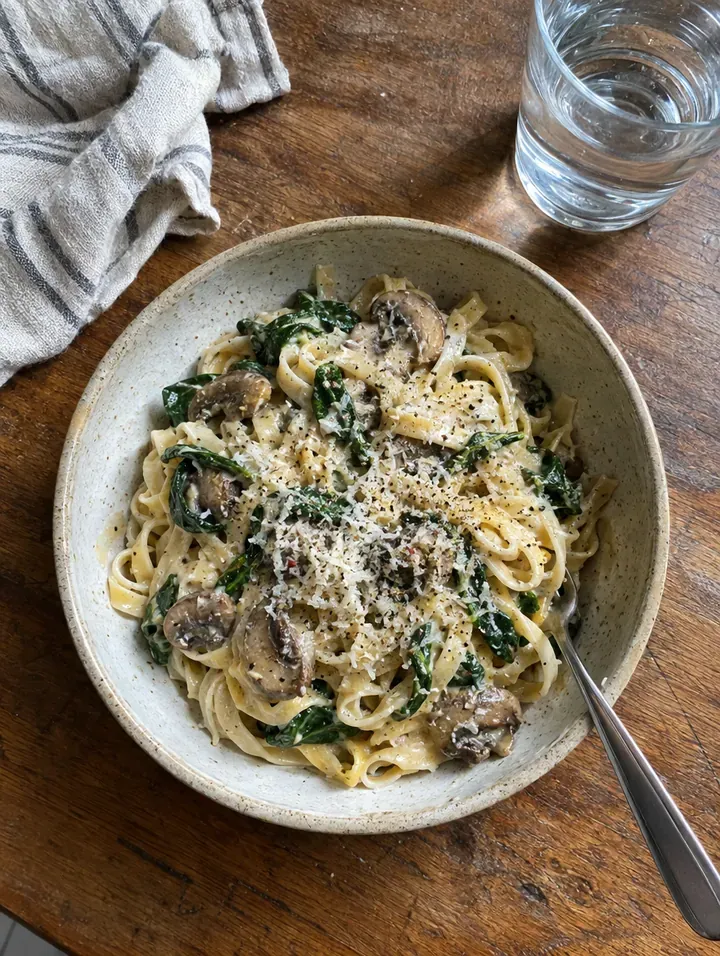 Creamy mushroom and spinach pasta